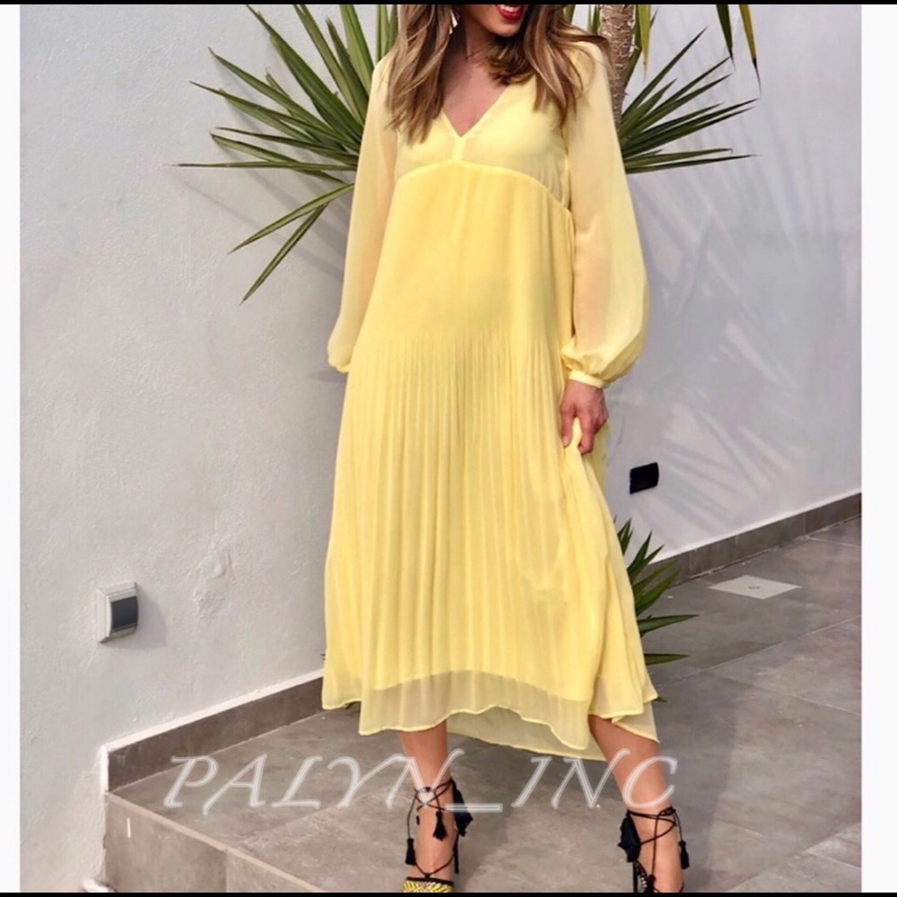 Zara Pleated Midi Midaxi Maxi Butter Yellow Summer Spring Dress - Picture 4 of 6